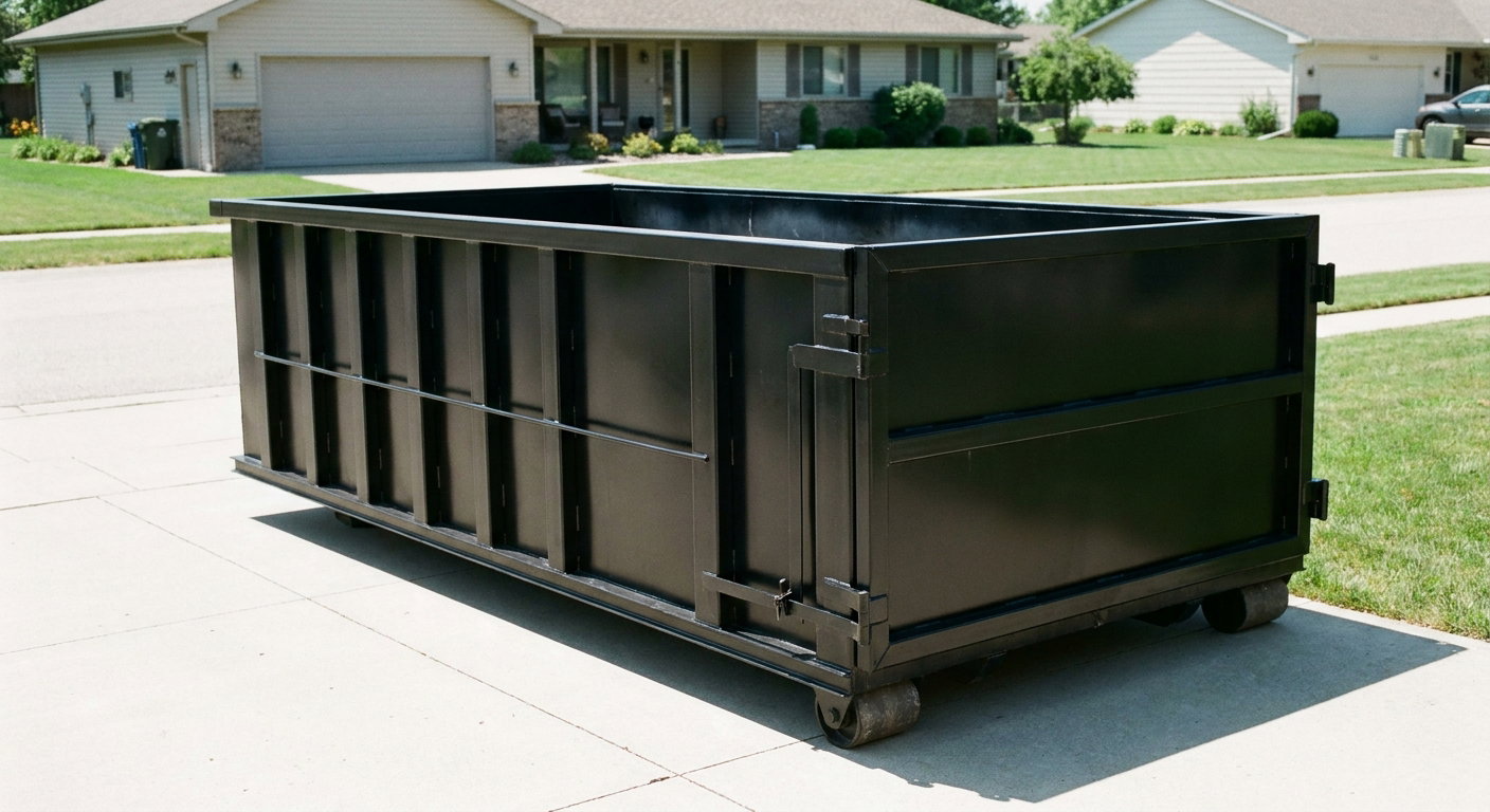 Matte-black 10-yard roll-off dumpster on a residential concrete driveway in Arlington Heights, uniformly painted matte black across every panel and rail, ribbed steel sidewalls and rear swing door visible, mid-day daylight.