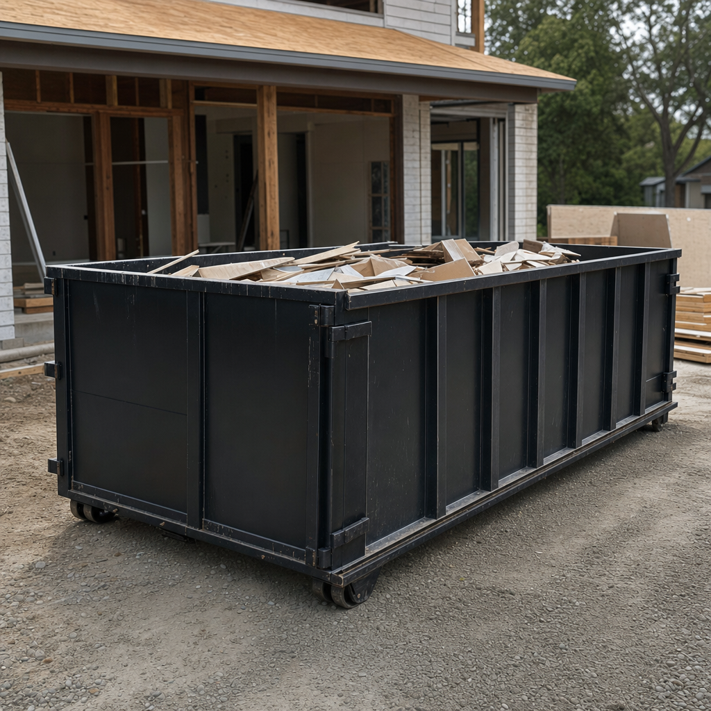 Large matte-black 30-yard construction roll-off dumpster at an active Arlington Heights jobsite, steel-gray top rails and bottom rollers visible, loaded with construction debris.