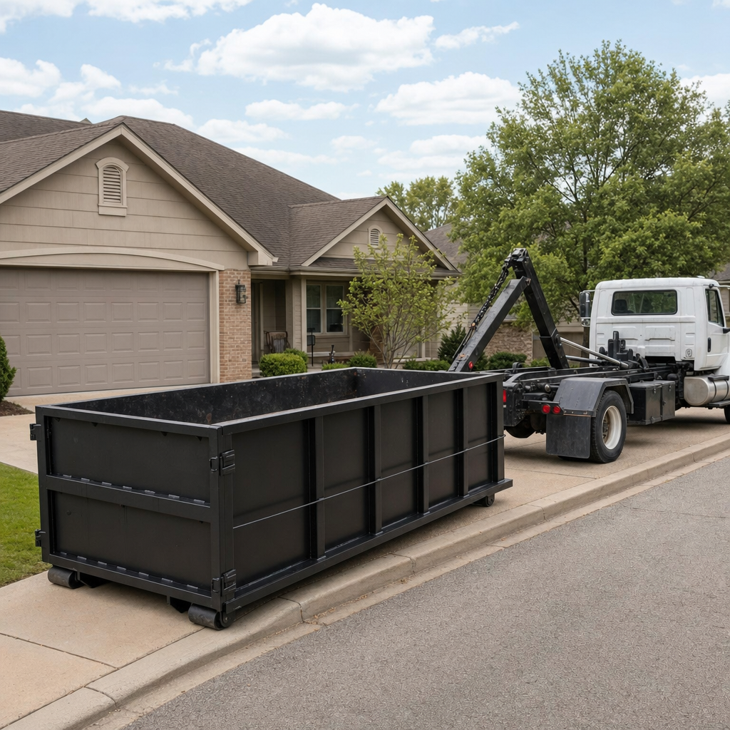 Wide documentary shot of a matte-black roll-off dumpster on a Arlington Heights residential driveway in the foreground and a contractor jobsite container in the soft-focus background, bright daylight, calm and orderly composition.