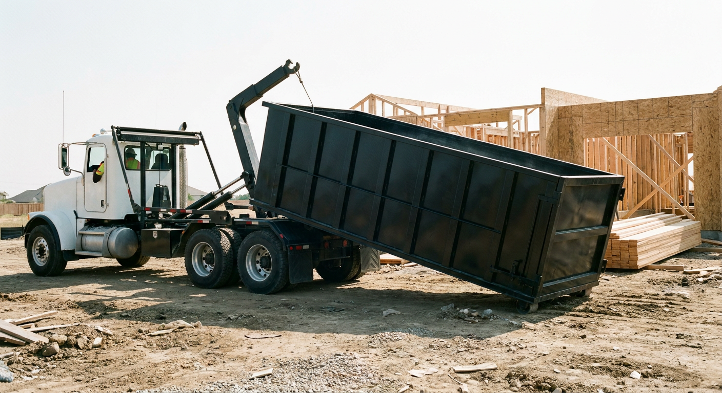 Matte-black roll-off dumpster being delivered onto a clean residential concrete driveway in Arlington Heights by an unmarked white hooklift hauler truck, bright morning daylight, documentary 35mm perspective.