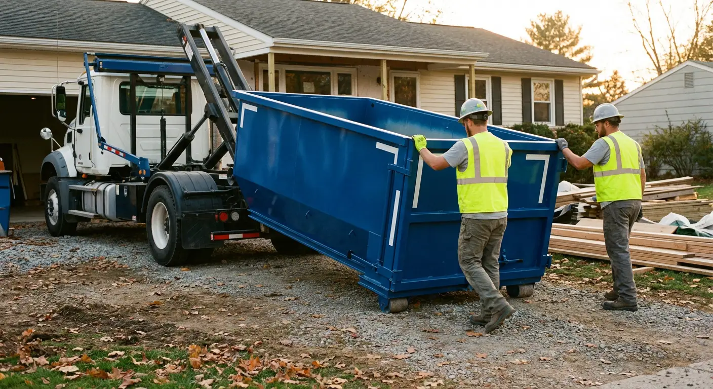 Construction dumpster delivery truck in action in Arlington Heights, IL