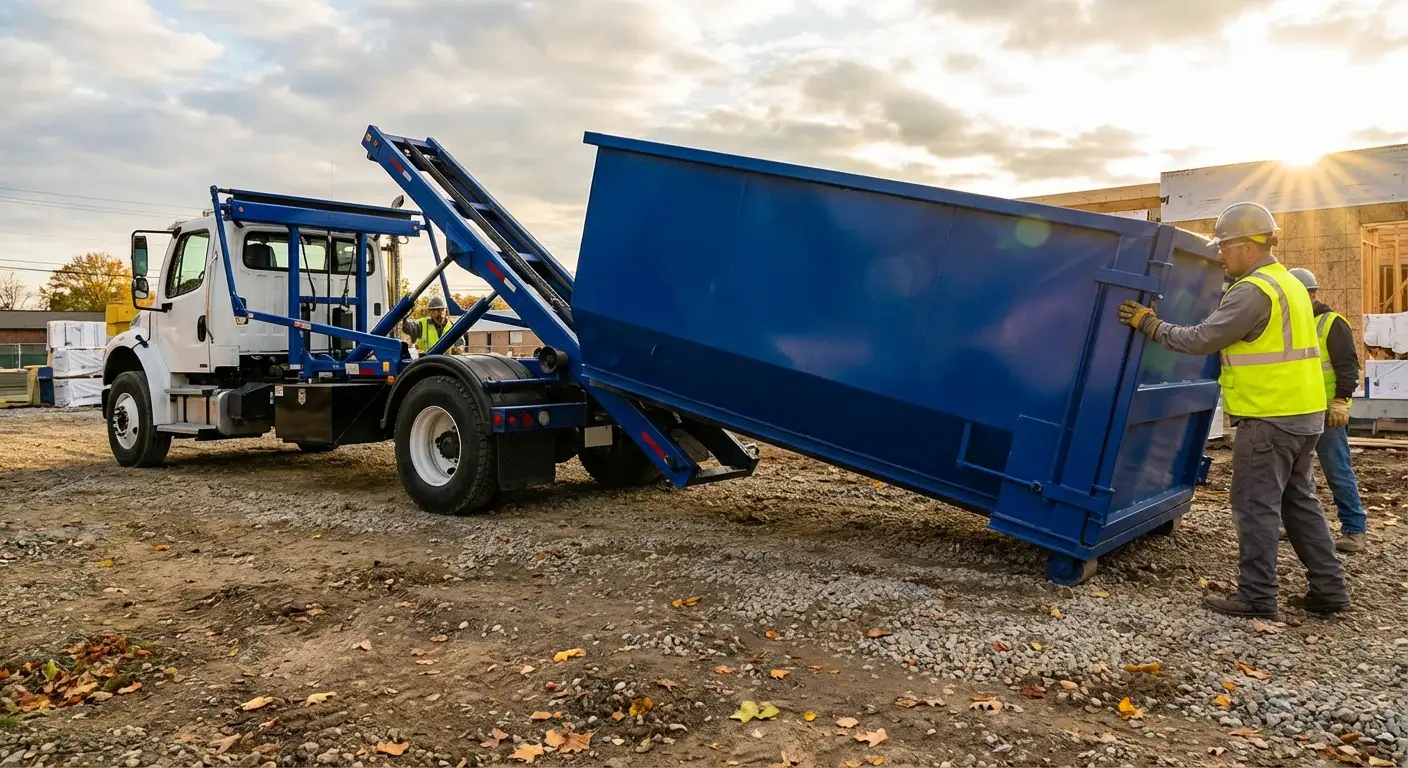 Construction dumpster delivery truck at job site in Arlington Heights, IL